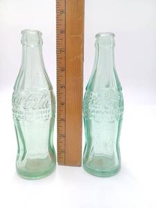 lot 424 image: Lot of 2 Vintage Green Glass Coca-Cola Bottles - Made in Marshall Minnesota & Mitchell South Dakota