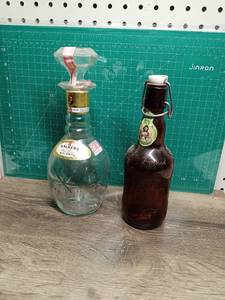 lot 5030 image: Lot Of 2 Vintage Glass Walkers Bourbon Bottle Grolsch Beer Bottle