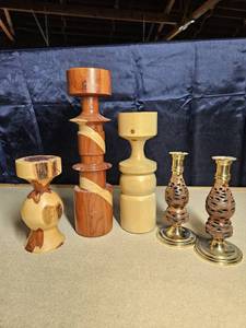 lot 5043 image: Lot of Wooden Items With 2 Unique Candle Holders