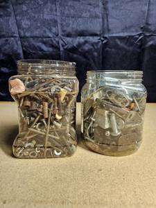 lot 5088 image: 2 Plastic Jars FULL of Nuts, Nails, Bolts, Screws, Brackets, Etc