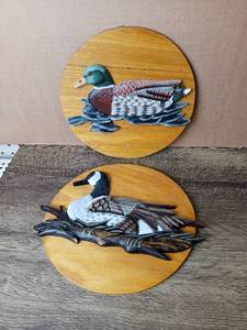 lot 5096 image: Lot Of 2 - Bratlands 10 Hand Carved Wooden Duck Wall Art