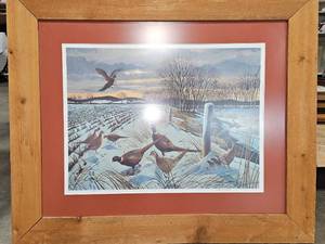 lot 448 image: Signed 1978 Patrick J Costello Pheasants in Snow 29.5 x 35.5 Framed Print