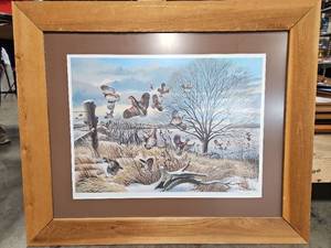 lot 450 image: Signed 1979 Patrick J Costello Quail in Flight 29.5 x 35.5 Framed Print