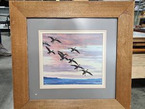 lot 451 image: Richard C Bishop Right on Time Canadian Geese in Sunset 26 x 27.5 Framed Print