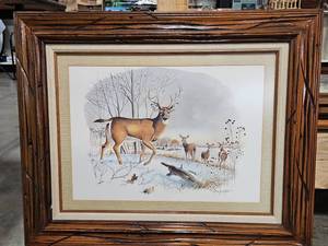 lot 453 image: Signed 1977 Patrick J Costello White Tail Deer in Snow 26.5 x 32 Framed Print
