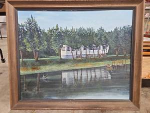 lot 455 image: Vintage Signed Debra S. Plog Home on the Water  28 x 34 Framed Acrylic Painting