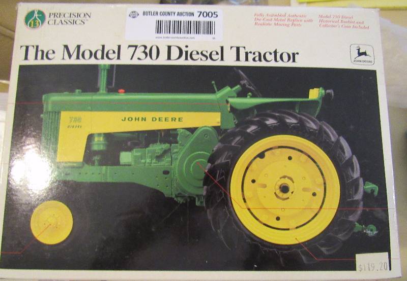 lot 7005 image: JOHN DEERE - Model 730 Diesel Tractor - Toy Replica in Original Box Pristine Condition w Collectors Medallion