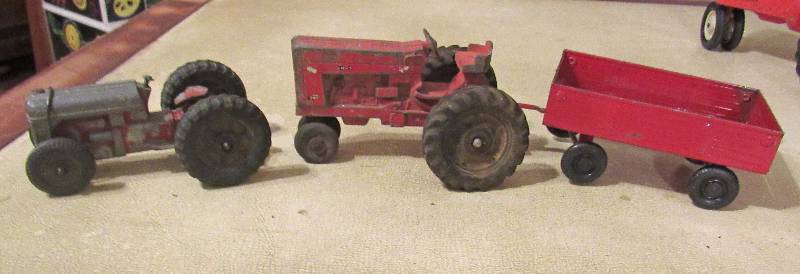 lot 7018 image: Lot of 2 - Red Tractors - Vintage Toy Die Cast Metal - one w detachable ERTL grain Cart