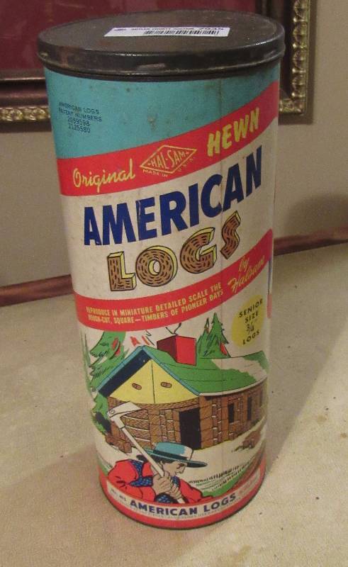 lot 7935 image: Vintage American Logs in original canister - All pieces included - Nice Condition on this collectible toy