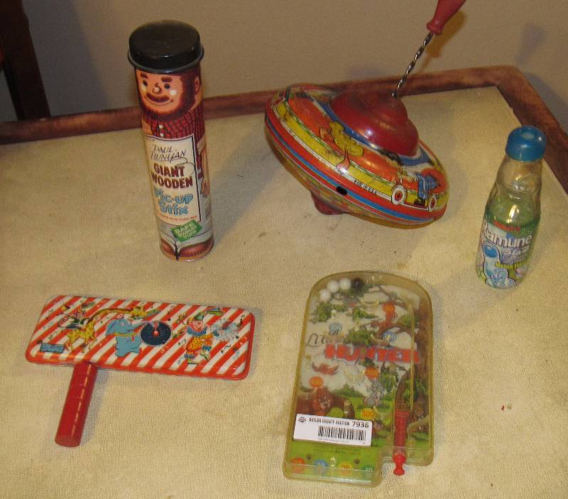 lot 7936 image: Lot of Vintage Toys - Metal Top, Giant Wooden Pick-Up Stix & Various Kids Games - Flavored Fizzy Drink - see photo