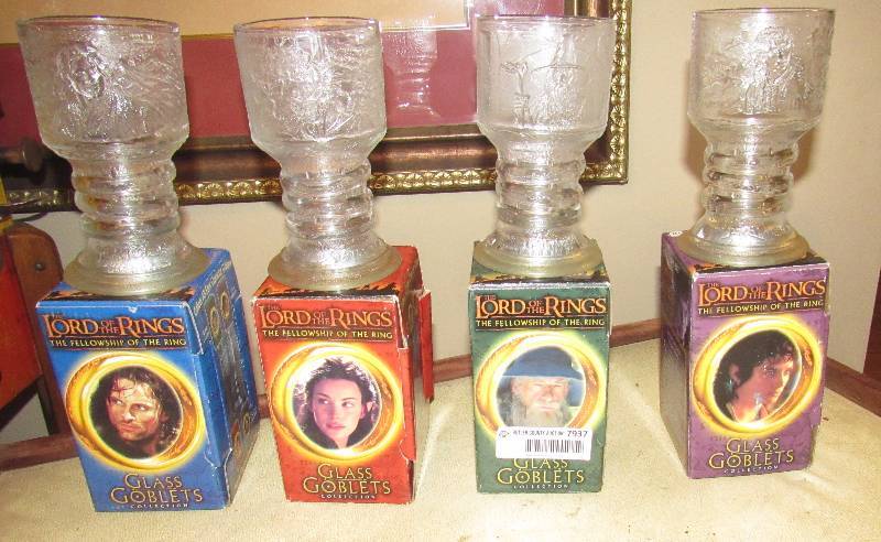 lot 7937 image: Lot of 4 Collectible LORD OF THE RINGS - GLASS GOBLETS - In original packaging - Excellent Condition - see photos