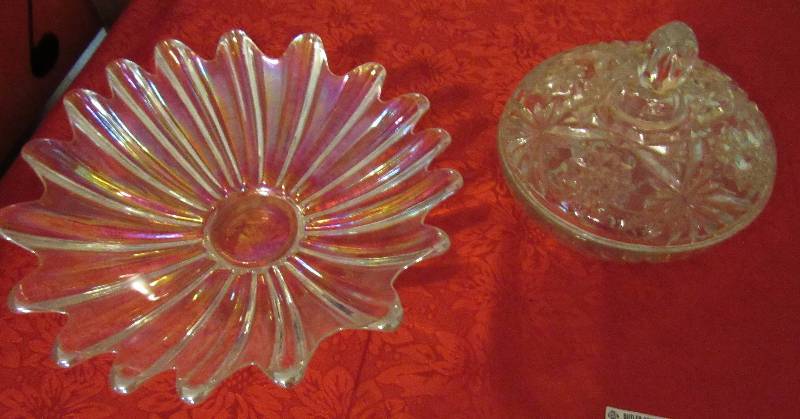 lot 7970 image: Lot of Glassware - Beautiful Candy Dish w lid and fluted edge glass serving piece - pretty