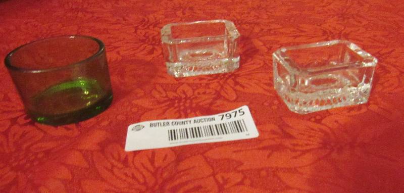 lot 7975 image: Lot of Glass Candle Holders - one green and two clear - holds trinkets, jewelry, rings or votive candles