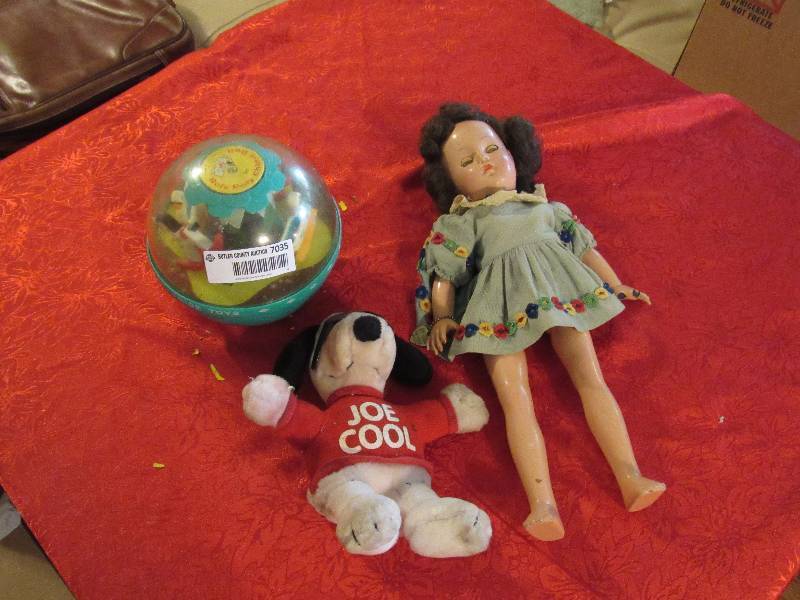 lot 7035 image: Lot of Vintage Toys - Antique Doll, Snoopy Joe Cool Plush and Antique Weeble Wobble Ball Fair Condition