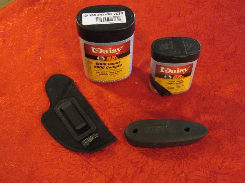lot 7039 image: Lot Contains 2 pkgs Daisy BBs 1-6000 and 1-2400. Blackhawk waist holster and more - see photo