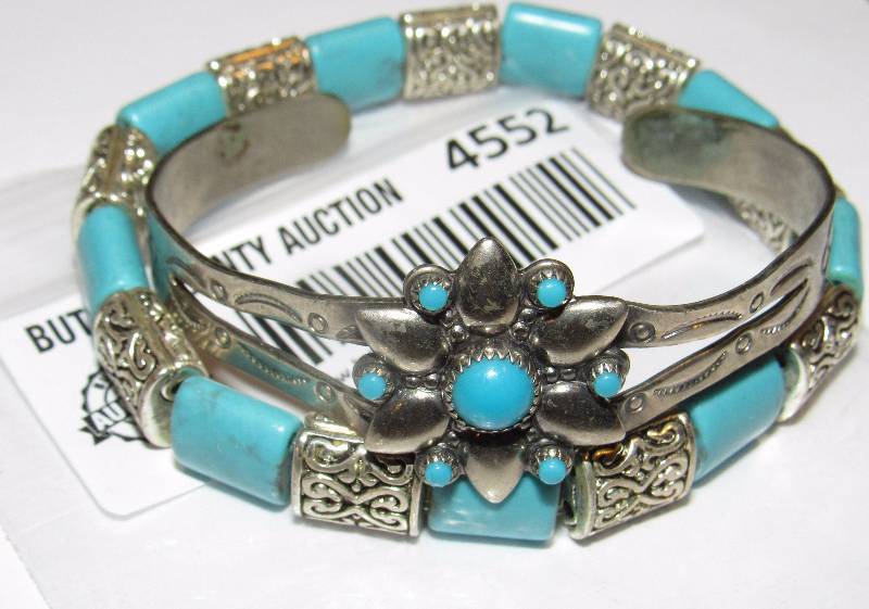 lot 4552 image: Lot of 2 Turquoise Bracelets - 1southwestern style, 1modern style - see photos