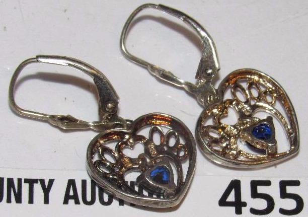 lot 4555 image: Pair of Heart Shaped Earrings w blue Stones Marked 925