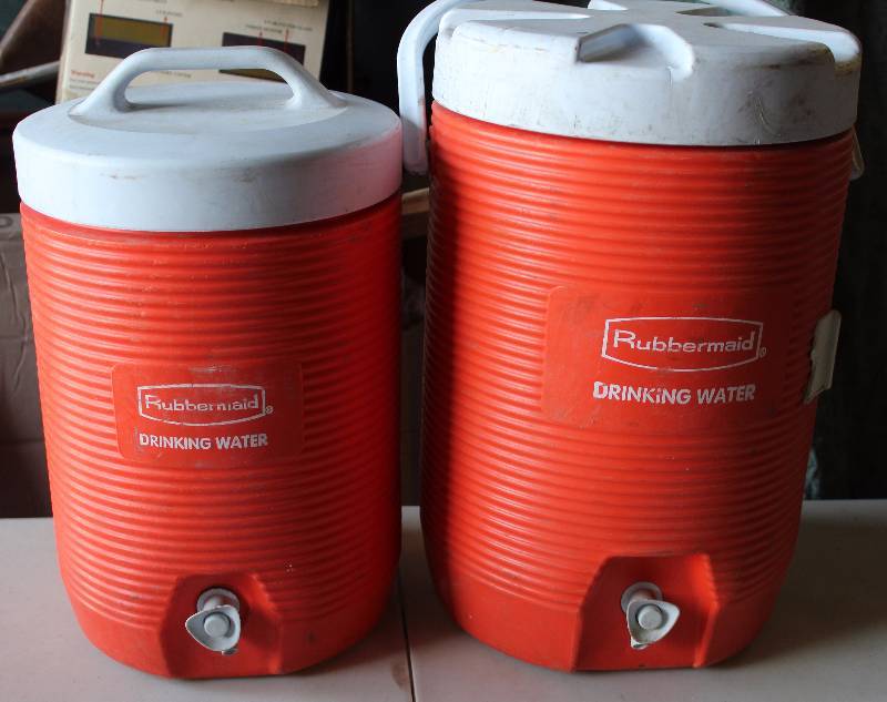 lot 4533 image: Lot of 2 Rubbermaid - Orange Drinking Water Jugs  Coolers - Spin Top Water Dispensers