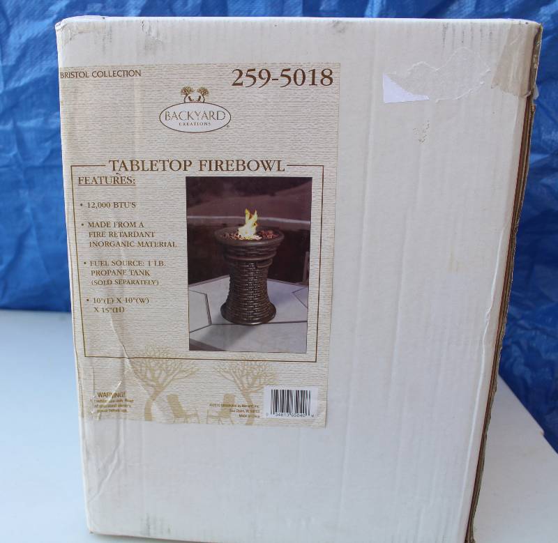 lot 6111 image: Table Top Fire Bowl - new in box - runs on propane - COOL Great for fall on the patio