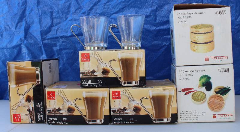 lot 6118 image: Four SETS of 4 Verdi 8 oz. Mugs and 2 Bamboo Steamers _ in original boxes