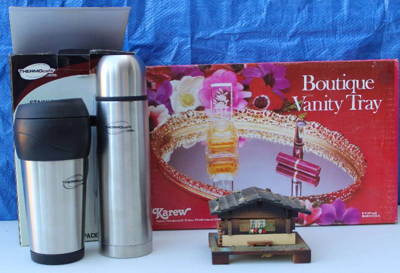 lot 6149 image: Lot of Misc - Mirrored Vanity Tray (NEW), Music Box, Stainless Steel Travel Drink Cups w original box
