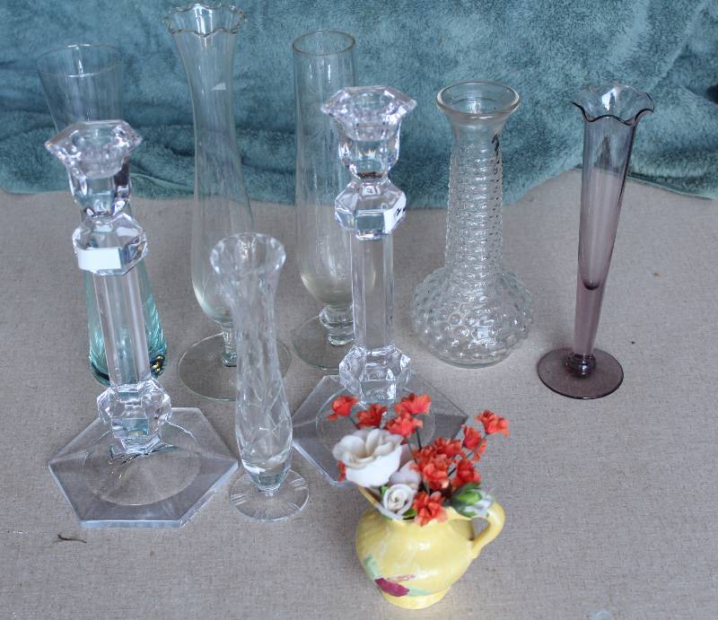 lot 6158 image: Lot of Assorted Glassware - Candle Stick Holders and Bid Vases - All Very Pretty