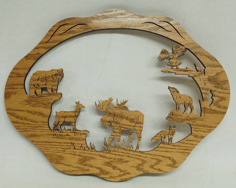 lot 1060 image: Forest Animal Scene carved of wood wall hanging Nice 17 x 13