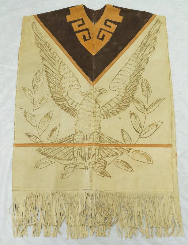 lot 1140 image: Leather Fringed Poncho - Pyrography (burnt art) American Eagle Motif Etching - UNIQUE