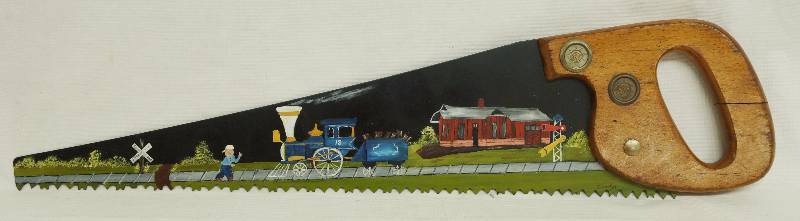 lot 1145 image: Cool Hand-Painted Saw Nice H DISSTON & SONS Saw, great railroad painting 23 long