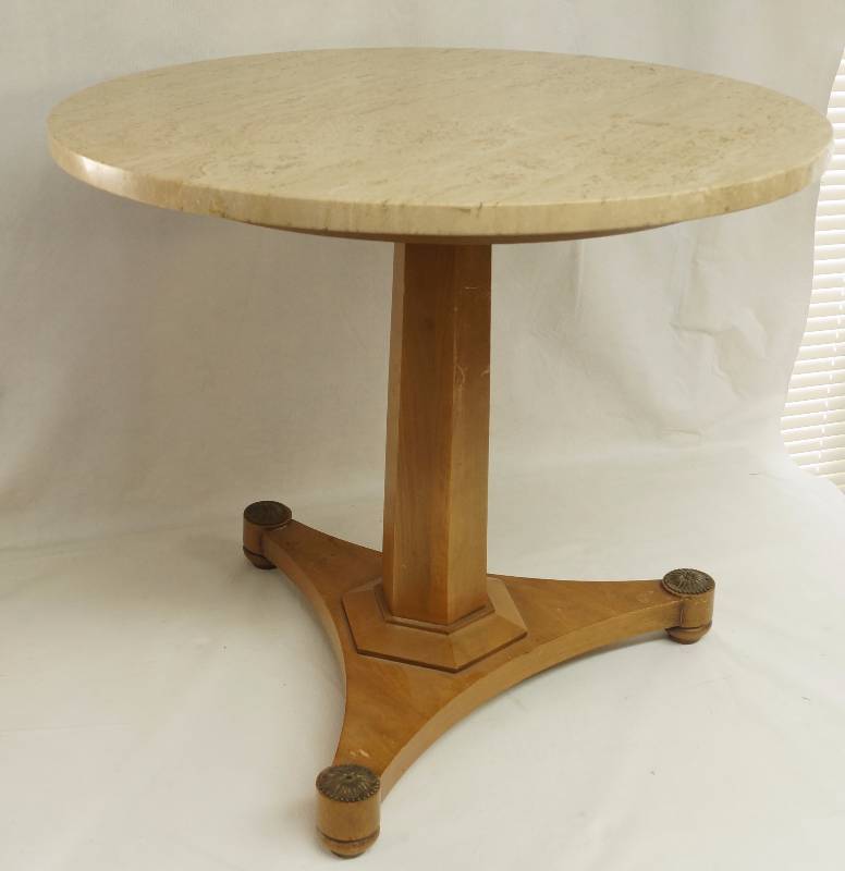 lot 1155 image: Vintage - Mid Century Modern - VERY HEAVY ITALIAN - Marble Top Table  Wood Base w metal accents - Awesome Antique Furniture Piece