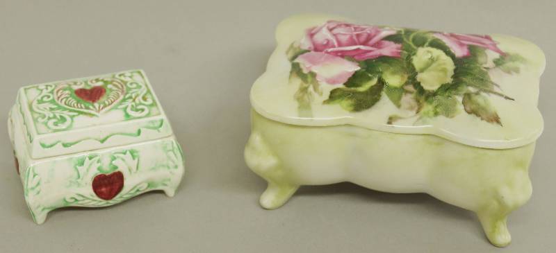lot 1221 image: Lot of 2 Old Ceramic Trinket Boxes - WOW -  see signature on bottom of ROSE Box