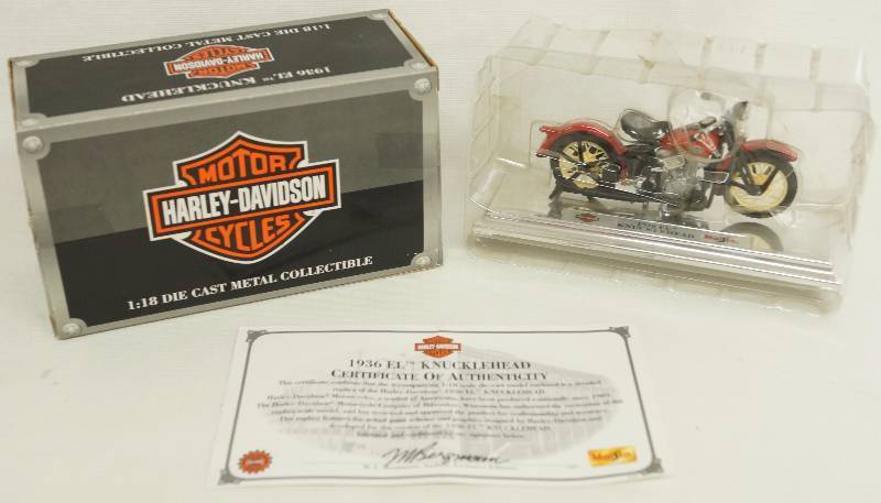 lot 1253 image: HARLEY-DAVIDSON MOTORCYCLES - 1936 EL KNUCKLEHEAD  - Maisto 118 Die Cast Metal Replica Model - with box and paperwork