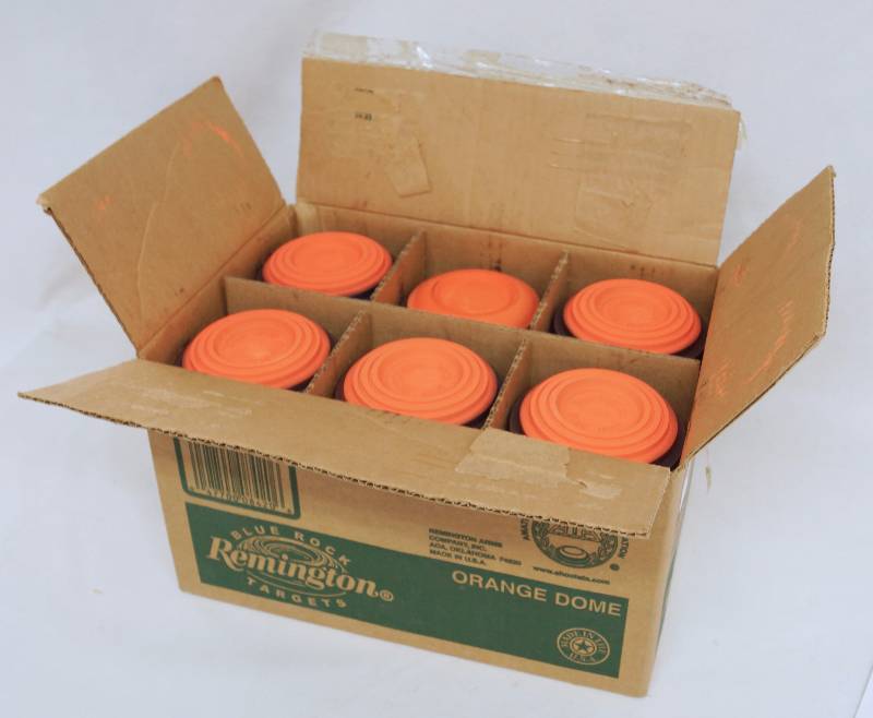 lot 1291 image: Full Box of BLUE ROCK Remington Targets - Skeet & Trap Shooting Targets - Marked Remington 430 BLUE ROCK Approx. 90 in the box - WOW
