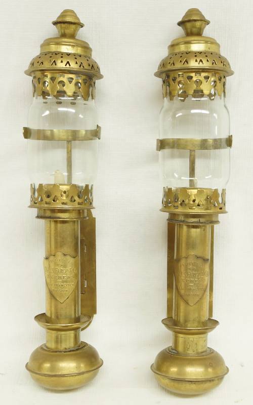 lot 1296 image: Decorative Candle Lamps  Lanterns - Brass Plate on the front says Wells Fargo & Co. Express - San Francisco Division w glass globes - Nice Deco pieces