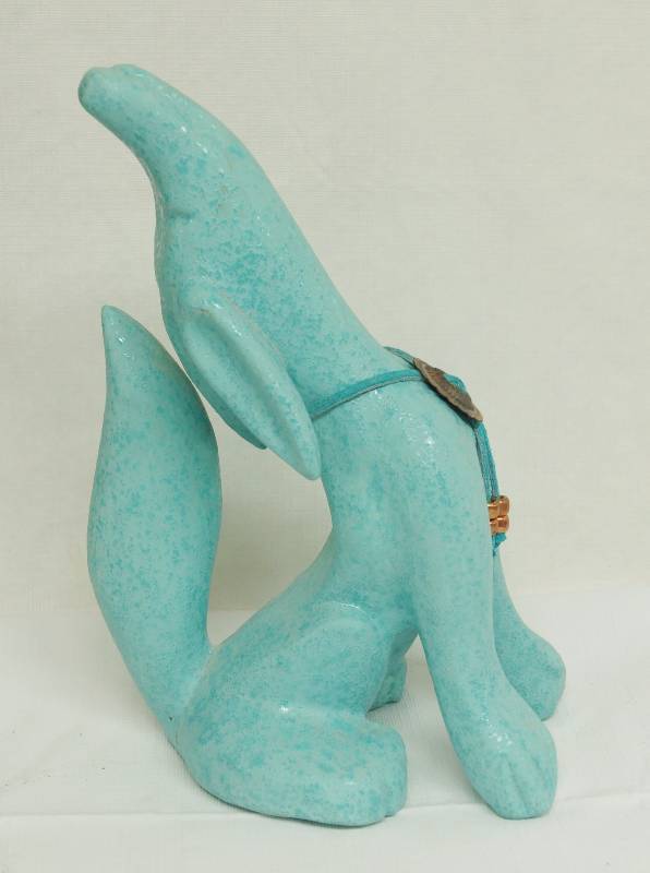 lot 4803 image: Southwestern Style Ceramic Dog - Howling w ornamental collar - by SUE 92 - speckle - turquoise glaze - nice