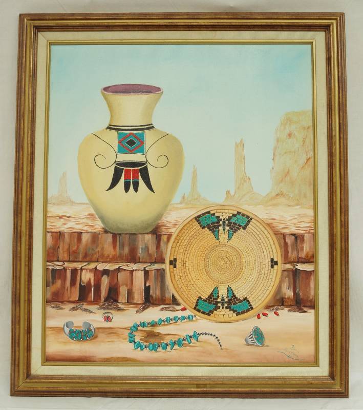 lot 4819 image: Original Acrylic Painting - Native American Themed Still Life by Doris Gerstner - 28.5 x 24.5 Framed - LARGE NICE