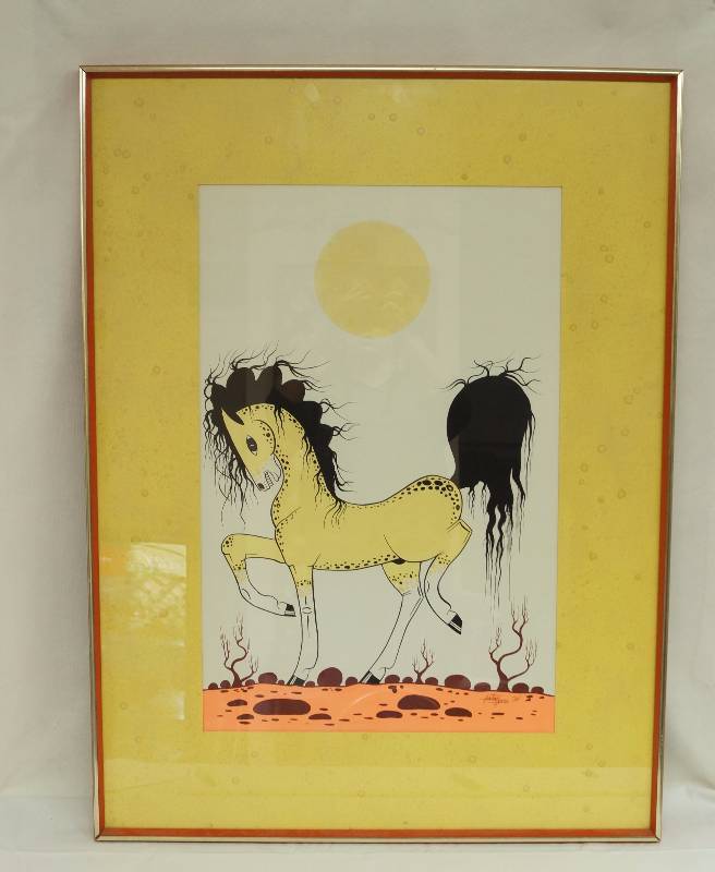 lot 4820 image: BIG Original Painting by Hunting Horse 1974 - Native American Style Horse - Very unique matting and framing - MUST SEE This one is awesome
