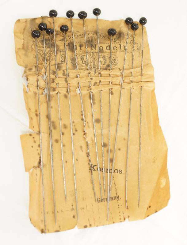 lot 1943 image: Lot of 12 German Factory Made Hat Needles - Hat Pins Kosmos Germany - 1873 w original paper