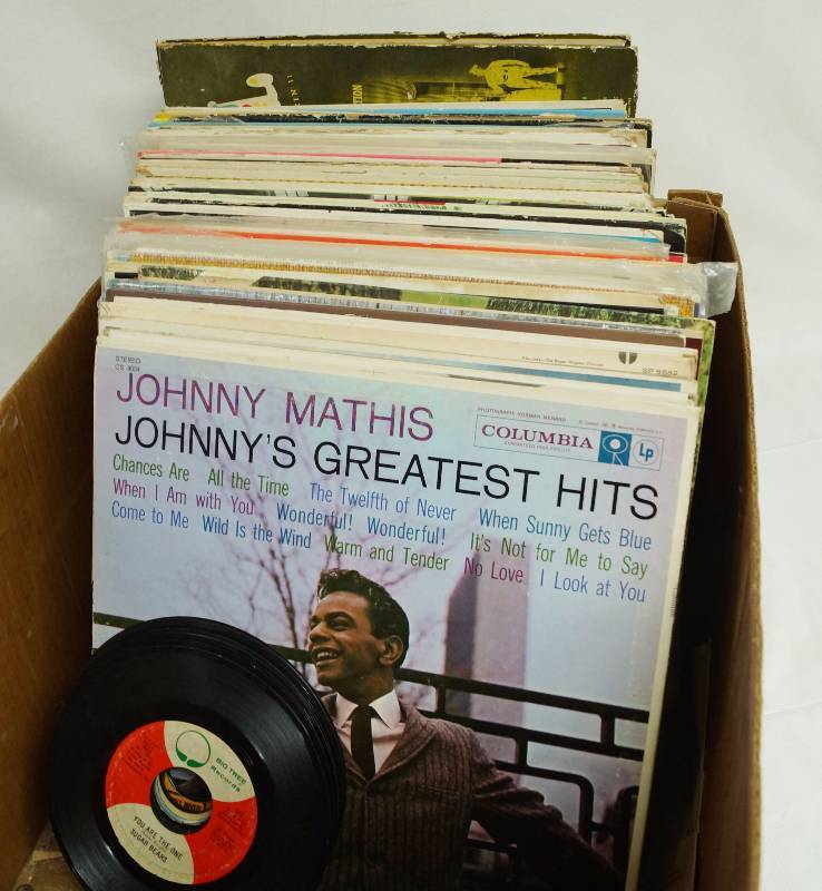 lot 1035 image: Box of record albums and a few 45s - See photo for sampling - Theres some good ones in here