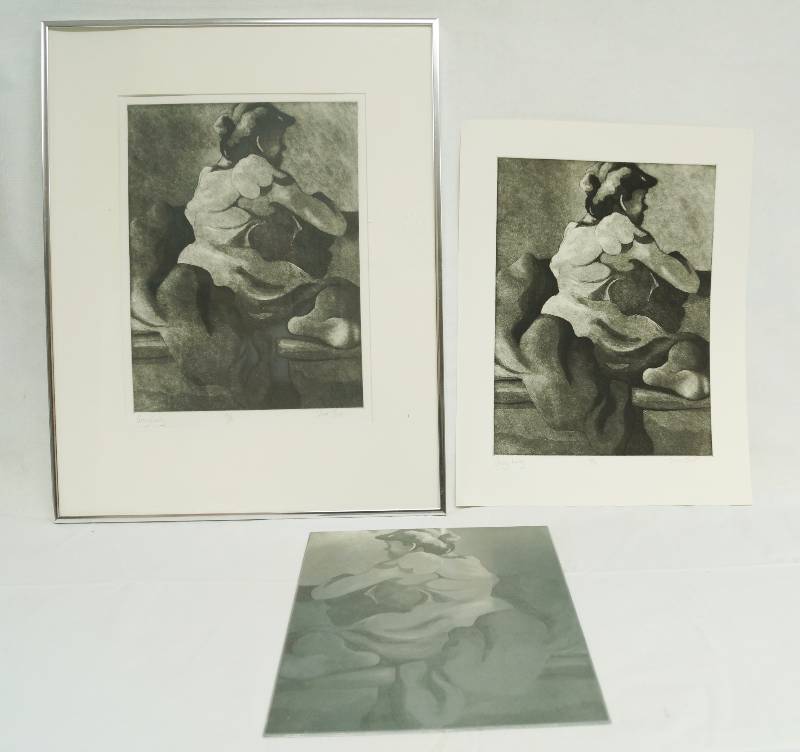 lot 1038 image: Original Intaglio Prints of Gray Lady by Artist Scott Jost, Includes actual PRINTING PLATE - See Photo