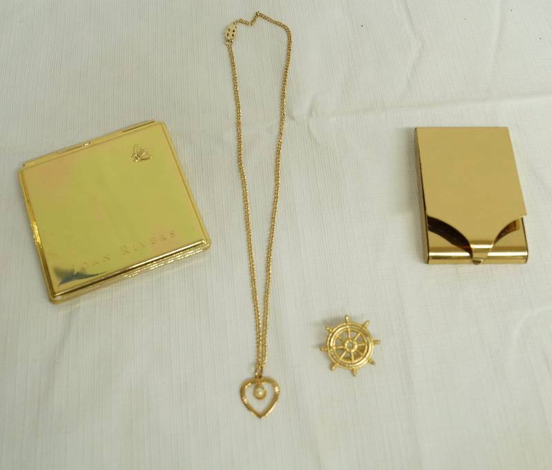 lot 6104 image: Lot of Gold Tone Jewelry and Trinket Boxes  Compact Mirror see photos