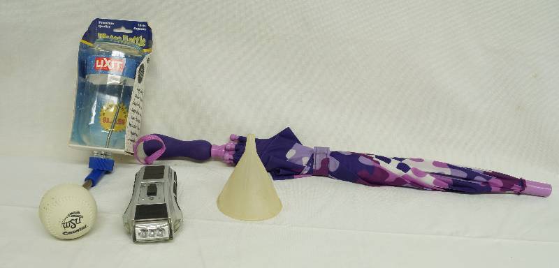 lot 6110 image: Lot of Misc Houswares - WSU collectible ball, Animal Water Bottle (new) Purple Kids Umbrella, Funnel, Wind-up flashlight and more