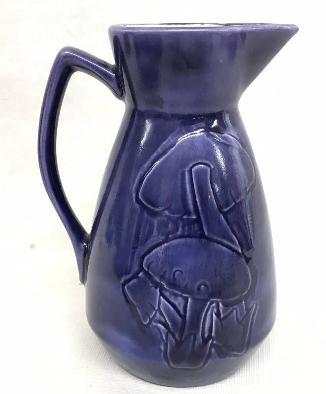 lot 2022 image: Cobalt Blue Pitcher w mushroom motif - signed by Paula Christmas 1972 - Excellent Condition