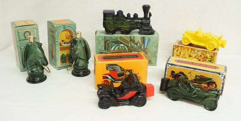 lot 6167 image: Lot of 6 Vintage Avon bottles w original boxes - Car Series & Train Engine and Horse Head Pieces - Most still have the cologne in them