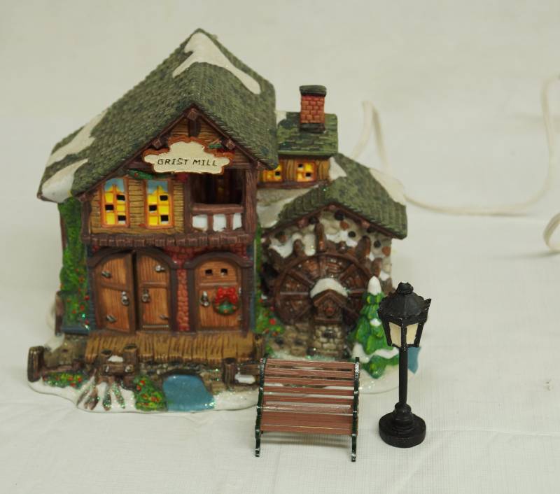 lot 6185 image: Christmas Village - Grist Mill w park bench and lamp post - cute
