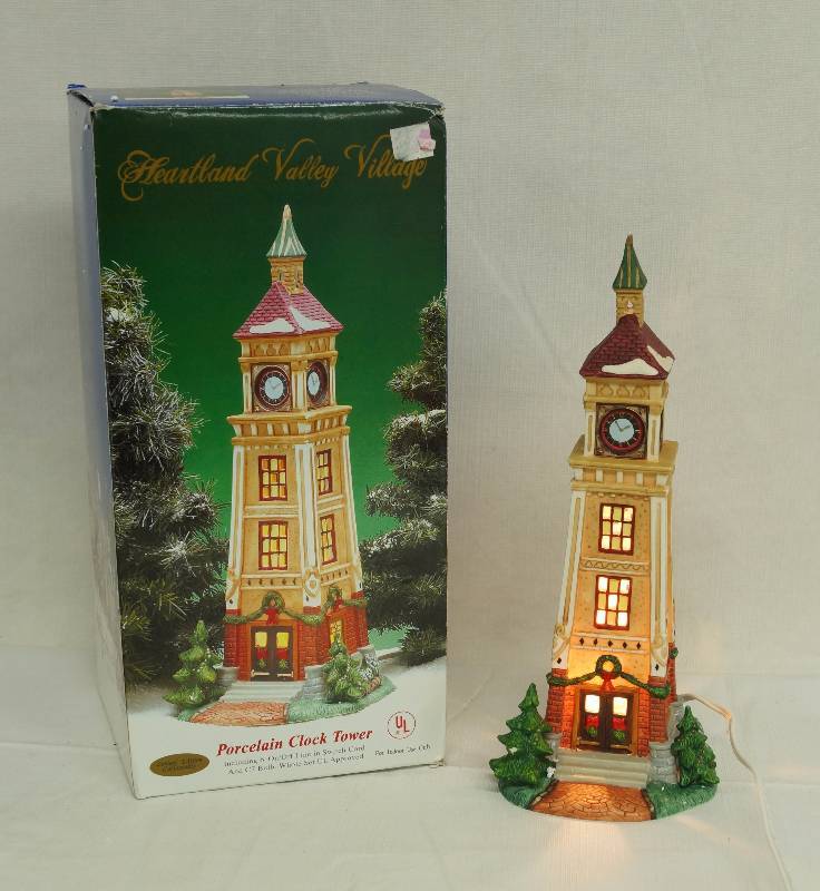 lot 6187 image: Christmas Village - Porcelain Clock Tower - In original box - lighted WORKS