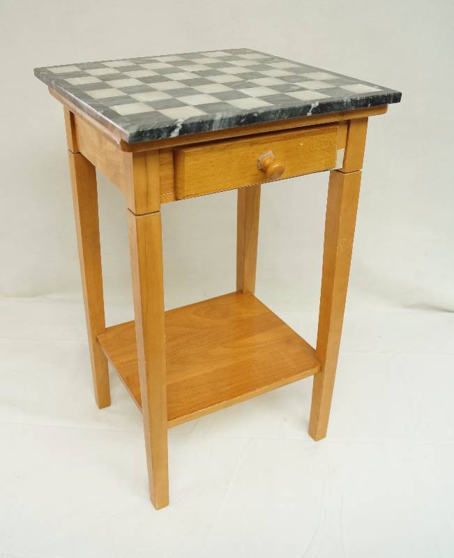 lot 6247 image: Chess  Checkers Marble Top with Wooden Side Table with Drawer