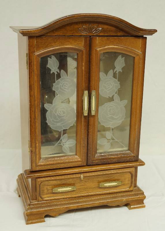 lot 6345 image: Beautiful Wood and Glass Jewelry Case - with ALL the JEWELRY