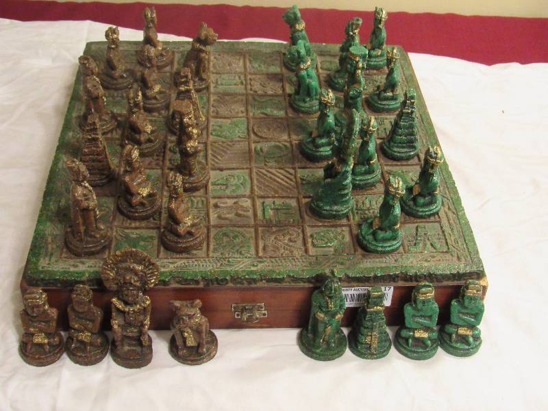 lot 4117 image: Asian Handmade Chess Set Pieces fit inside the board for storage - Very Unique