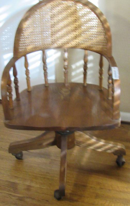 lot 4136 image: Wicker Backed Wood Office Chair on Casters - Nice See Photos